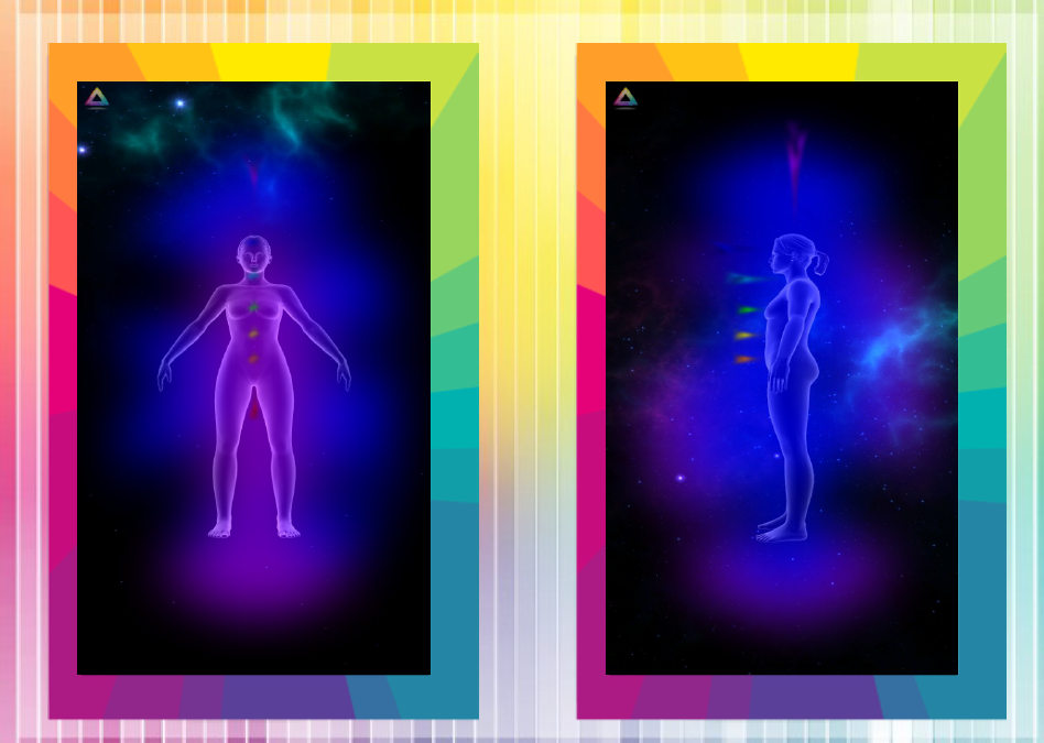 Illustration of the human energy field: front and side views of a translucent figure surrounded by a blue and violet aura, with colored energy centers at the throat, heart, solar plexus, and lower abdomen